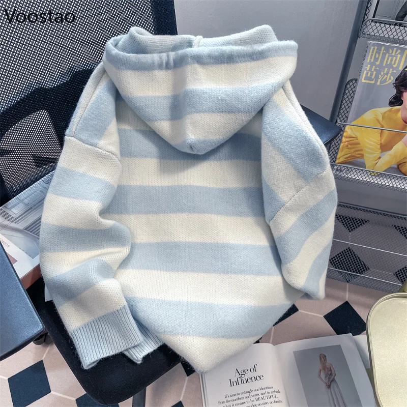 Spring Autumn Casual Cartoon Embroidery Striped Hooded Sweater Women Sweet Knitted Cardigan Coat Japanese Girls Loose Knitwear 2