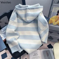 Spring Autumn Casual Cartoon Embroidery Striped Hooded Sweater Women Sweet Knitted Cardigan Coat Japanese Girls Loose Knitwear 2