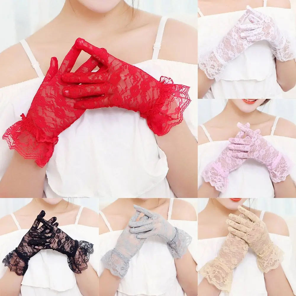 

Fashion UV Protection Mittens Sunscreen White Bride Gloves Rose Flower Pattern Lace Gloves Party Dressy Gloves