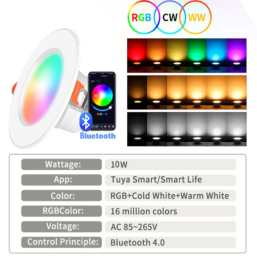 Tuya LED Downlight Bluetooth LED Smart Ceiling Light 10W 220V 110V Dimmable RGB Lamp Smart Life APP Remote Control Alexa Google