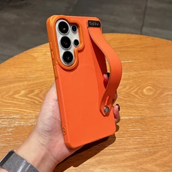 Luxury Magnetic Matte Leather Case with Wristband Holder Cover - Galaxy S24 ultra (WD - Orange)