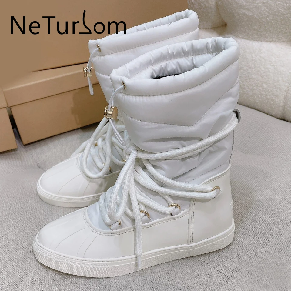 

Autumn Winter Waterproof Windproof Down High Top Snow Boots for Women Wool Clip Warm Comfortable Flat Bottom Cotton-padded Boots
