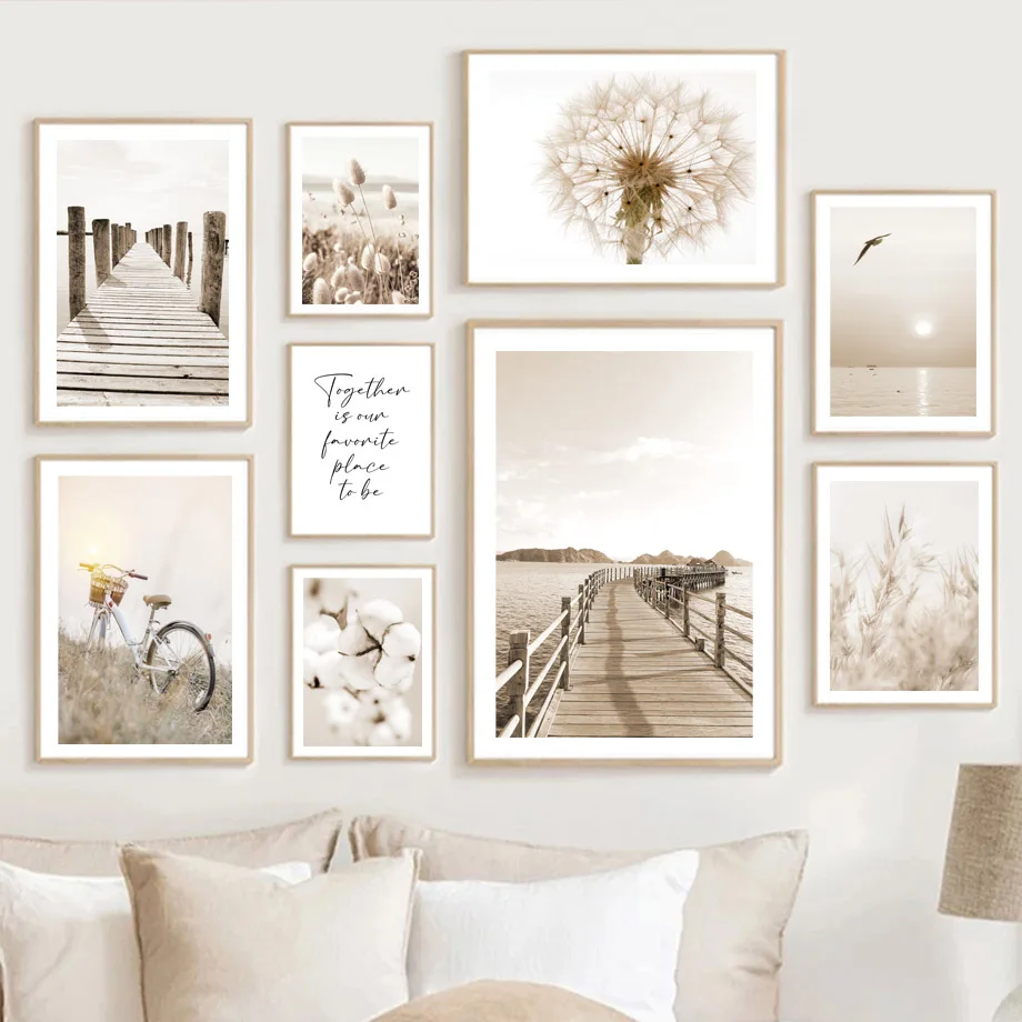 

Landscape Canvas Painting, Nordic Posters and Prints, Dandelion Sea Bridge,Beige Plant, Wall Art, Pictures for Living Room Decor