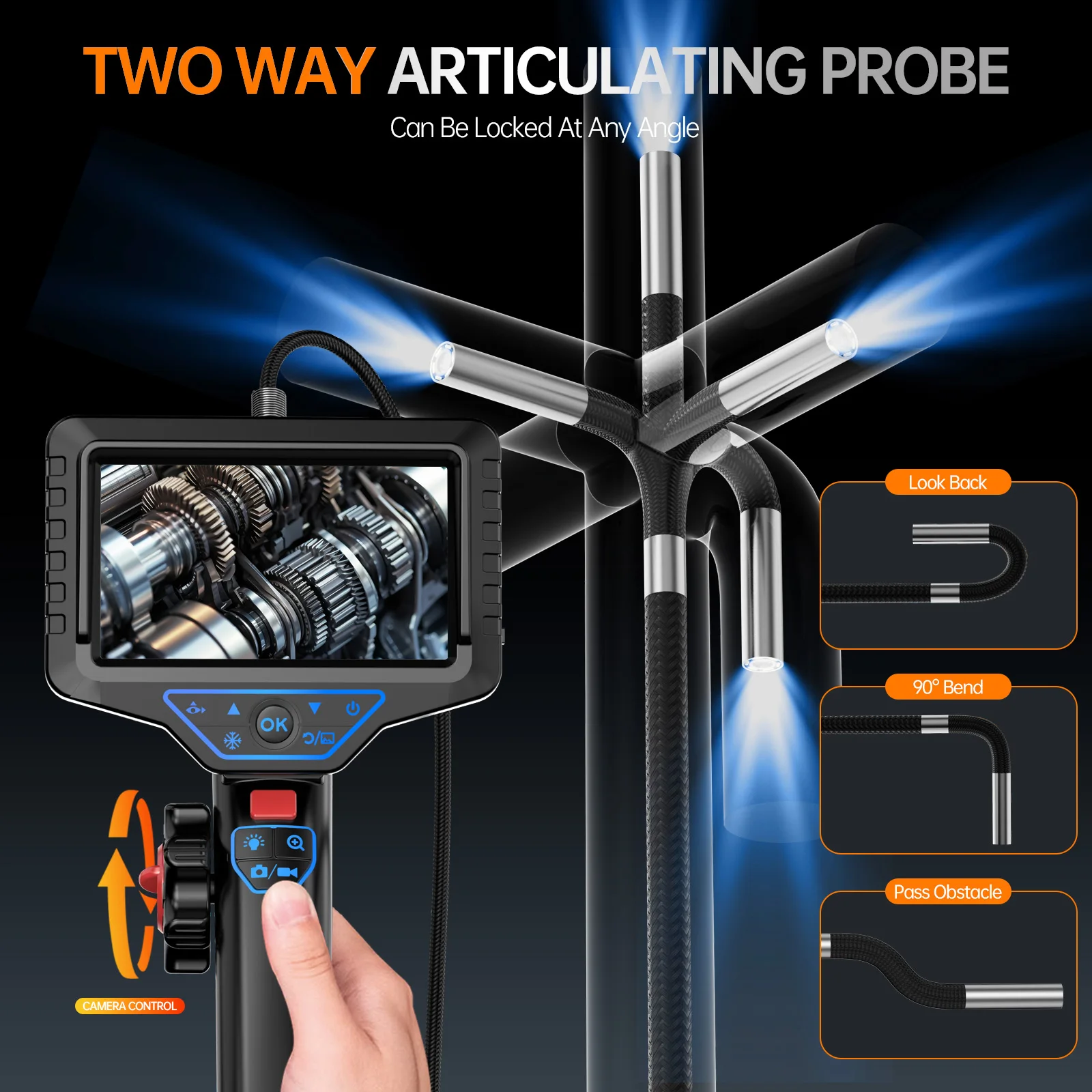 2.8/3.6MM Lens Articulating Borescope 1080P 5 Inch IPS Screen Two Way 360&deg; Steering Endoscope Camera Waterproof IP67 Video