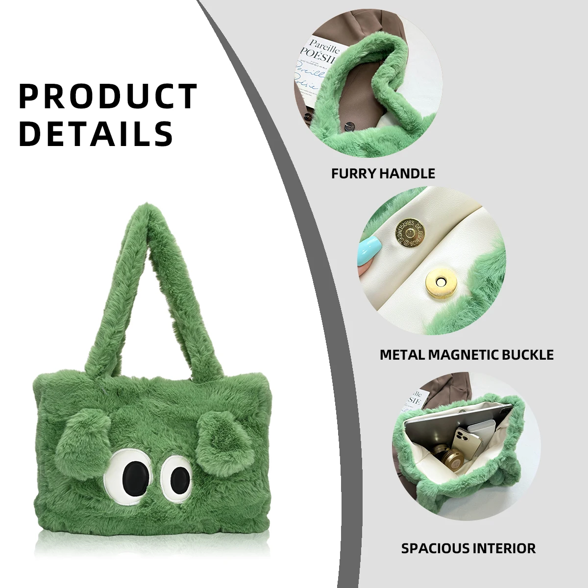 Cute Plush Shoulder Bag for Autumn and Winter, Large Capacity, Versatile Commuter Bag, Big-Eyed Tote Bag, Women's Furry Bag for Work, Students, and Classes
