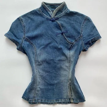 Y2K Vintage Aesthetics Women's Cheongsam Top Sexy Cute Slim Fit Chic Denim Crop Top Fashion Trendy Grunge Punk Female Streetwear 1