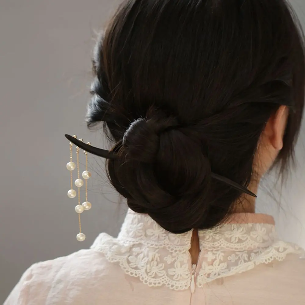 Headwear Temperament Pearl Wooden Ebony Tassel Hair Fork Chinese Style Hair Clasp Women Hair Stick Hairpin