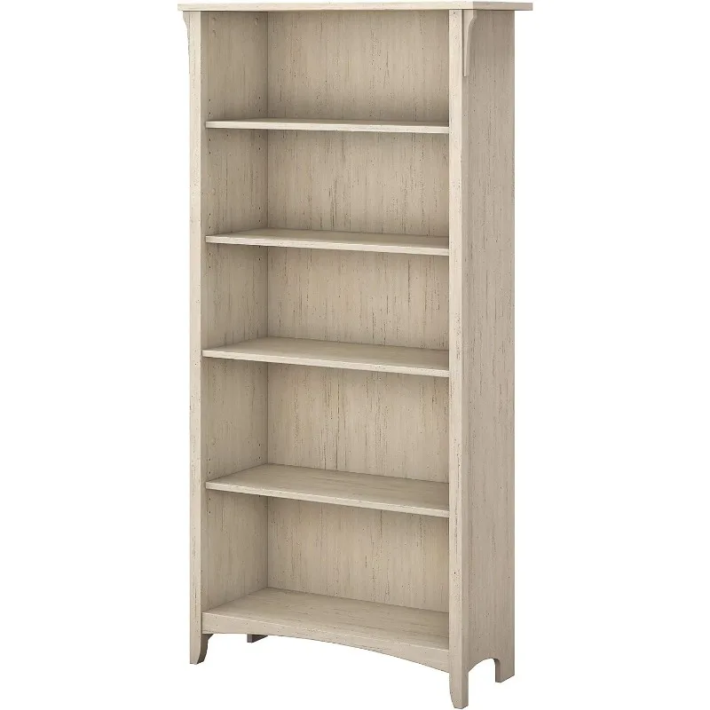 

Tall 5 Shelf Bookcase in Antique White Distressed Style Modern Farmhouse Bookshelf for Living Room and Home Office