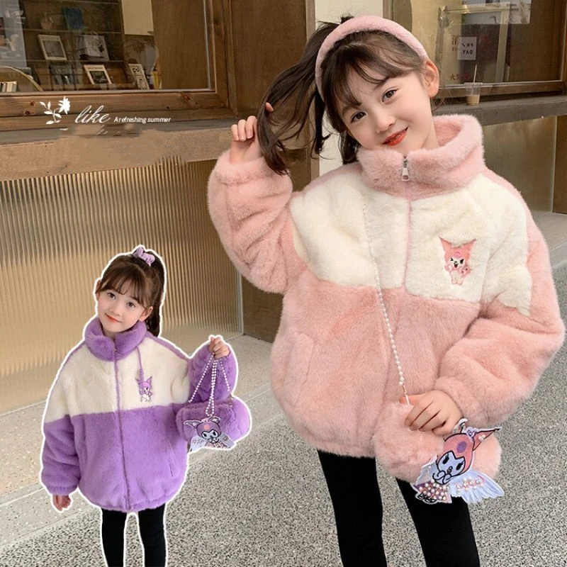 

2023 Sanrio Kuromi Kids Coat Lamb Wool Hooded Autumn Winter Jacket New Warm Cotton-Padded Clothes with Bag Children Girl Gift