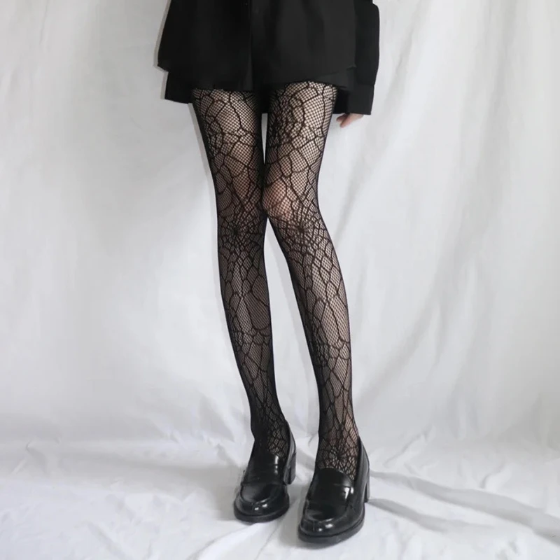 Sexy schwarze Spinnennetz-Mesh-Strumpfhose, aushöhlen, Netzstrumpfhose, Gothic-Spitze, transparenter langer Strumpf für Frauen – Detail 5