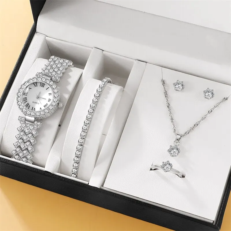 Women Watches 6pcs Set Watches Luxury Rhinestone Women Fashion Wristwatch Quartz Watch For Girl Ladies