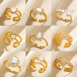 Zircon Wedding Rings For Women Gold Color Square Heart Adjustable Stainless Steel Ring Fashion Party Jewelry Gift Free Shipping