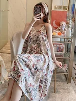Summer Thin Cotton Silk Sp Dr Women's Sexy Artificial Cotton Strap Home Clothes V-ne Long Skirt Print Floral Pattern