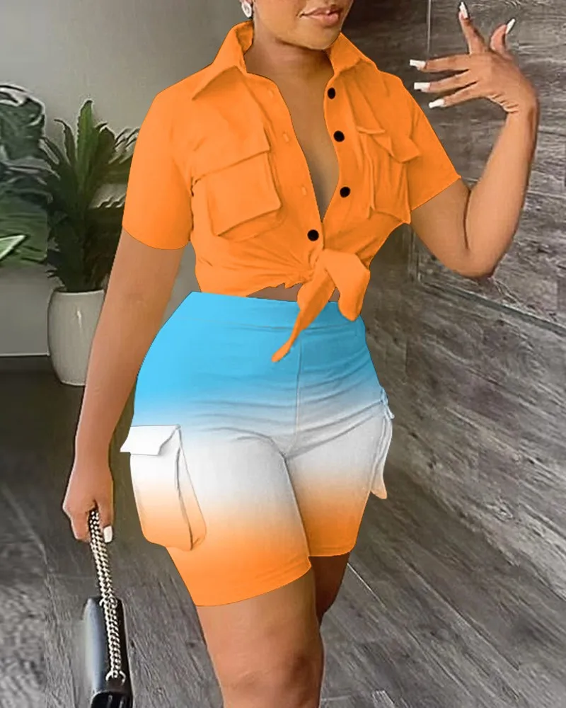 

Two Piece Sets Women Outifits 2023 Summer Fashion Print Turn-Down Collar Short Sleeve Tied Detail Top & Casual Pocket Shorts Set