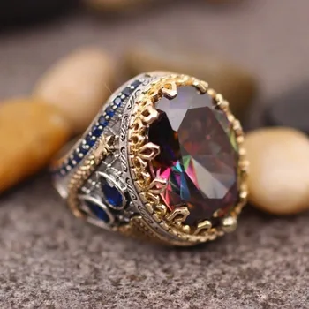 Vintage Oval Mixed Color Zircon Punk Ring for Men Delicate Handmade Turkish Rings Trendy Islamic Religious Muslim Jewelry Gifts