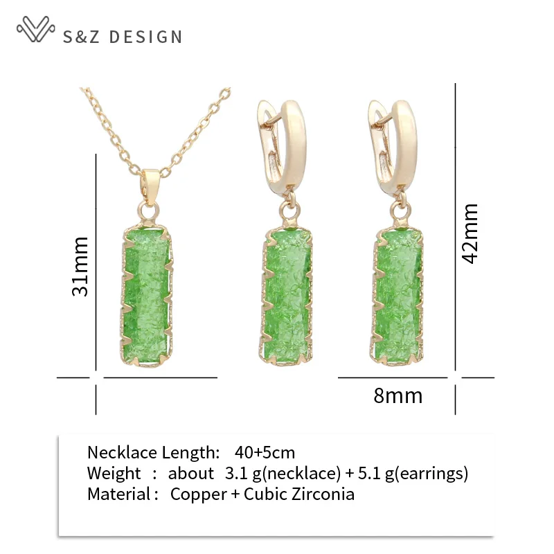 S&Z DESIGN New Fashion Rectangle Ice Crack Crystal Dangle Earrings Jewelry Sets For Women Daily Accessories Pendant Necklace