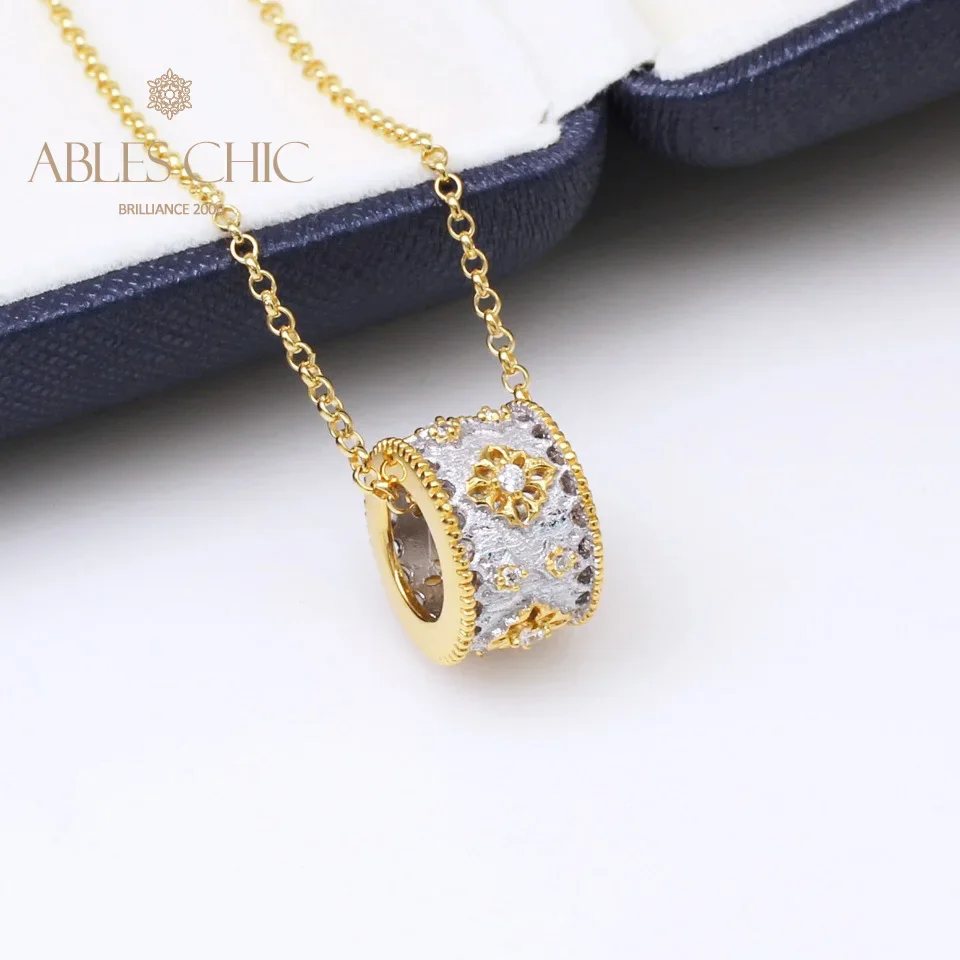 

925 Solid Silver Handmade Gold Two Tone Filigree Pendant CZ Lace Fabric Finish Necklace Italian Vintage Fine Jewelry