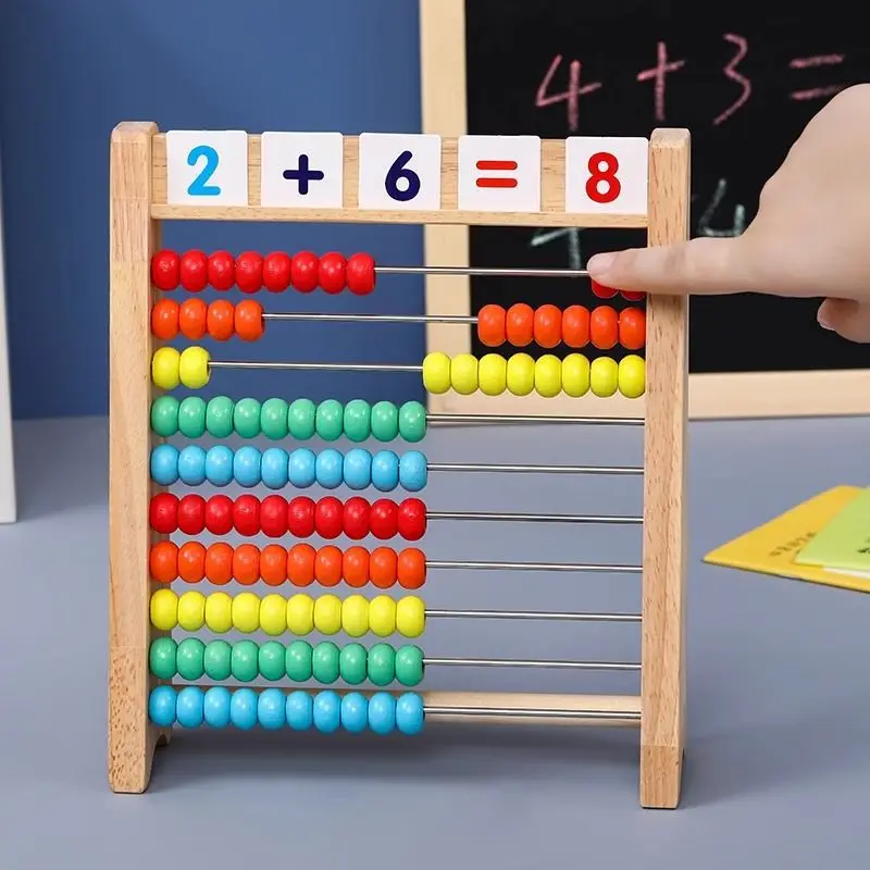 Classic Wooden Educational Math 10-Row Counting Toy 100 Beads Counting Sticks Number Alphabet Card Preschool Math Learning
