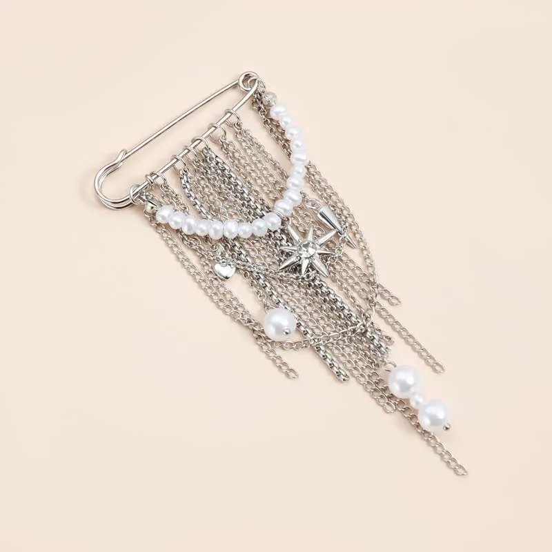 Metal Heart Tassel Brooch Exaggerated Silver Color Pearl