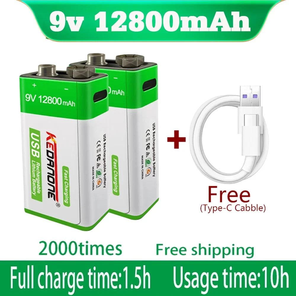 

12800mAh Type-C USB 9 Volt li-ion Rechargeable Battery 6F22 9V Li ion Lithium Battery for RC Helicopter Model Microphone Toy