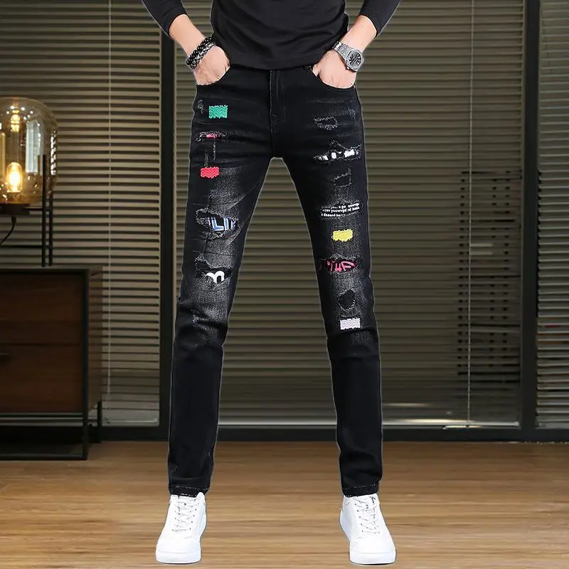 

High Quality Men’s Slim-fit Stretch Black Denim Pants,Hole Patched Decors Trendy Jeans Pants, Stylish Sexy Street Jeans ;