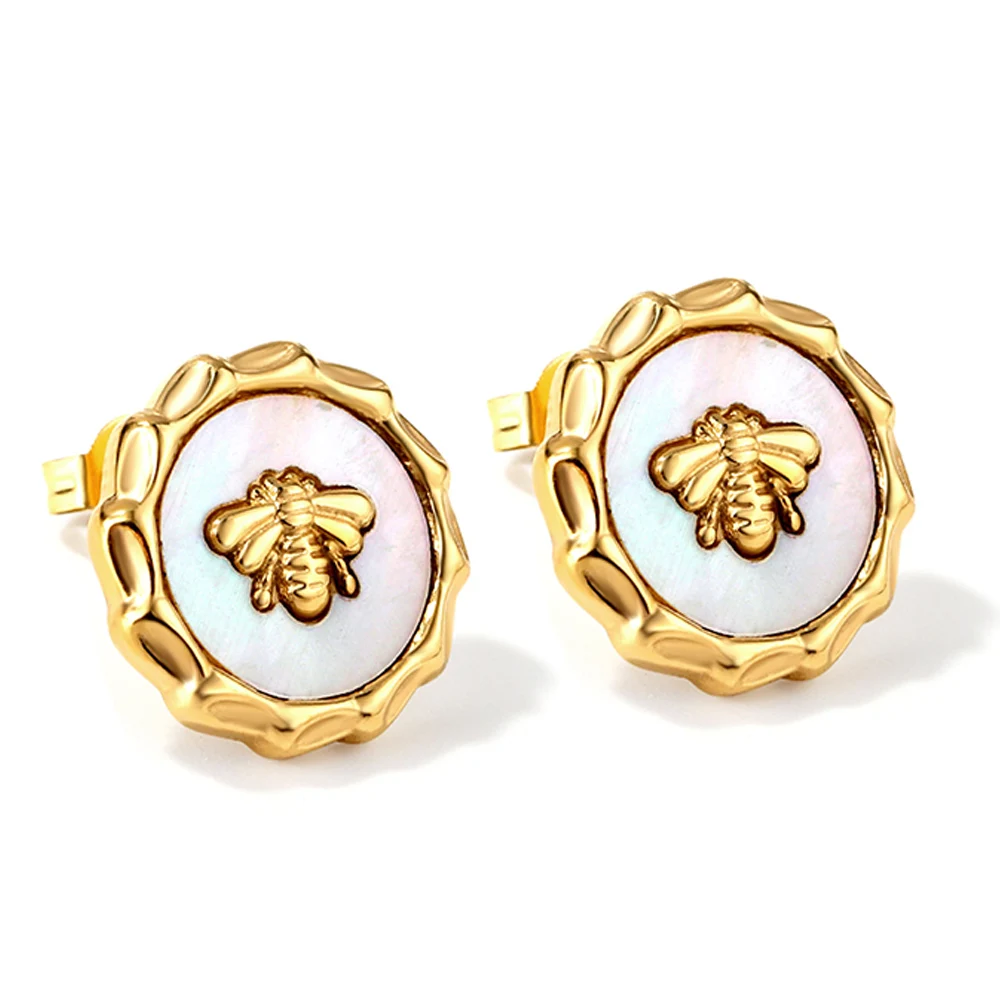 

Fashion Bee White Shells Stud Earrings For Women Girl Stainless Steel Gold Color Temperament Exquisite Insect Animal Ear Jewelry