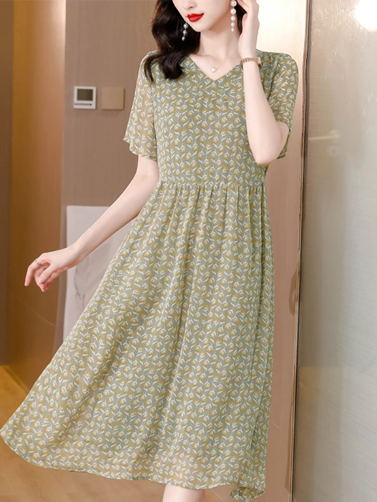 

2023 Spring Summer New Silk Chiffon Fashionable Short Sleeve Dress Printed V-Neck Casual Slim Dress Women