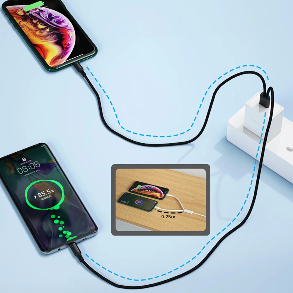2-in-1 USB C 케이블 나일론 편조형 타입-C 마이크로 고속 충전 데이터 케이블 8피트/4피트 두 대의 휴대폰 동시 충전 어댑터 와이어