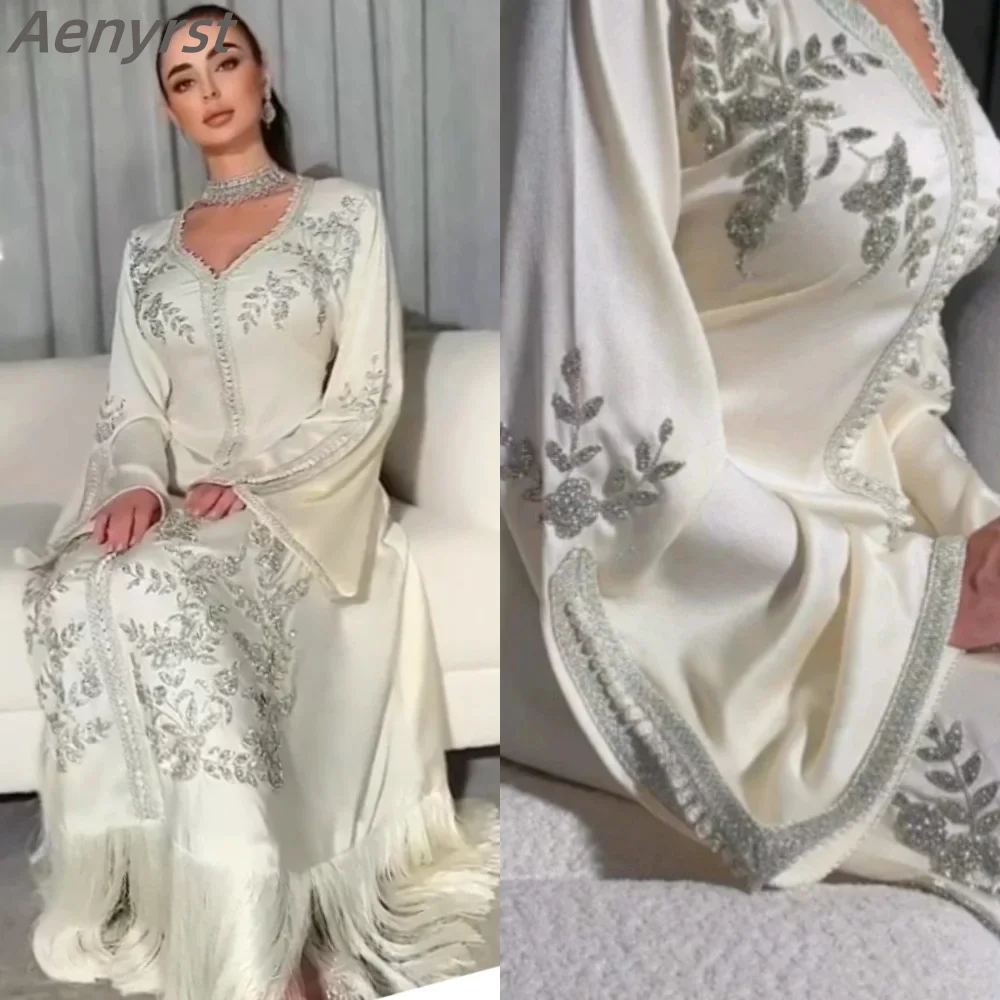 Elegant V-neck Evening Dress Appliques Beaded Tassel Prom Party Gown A-line Long Formal Ocassion Gowns Satin فستان حفلات الزفاف 1