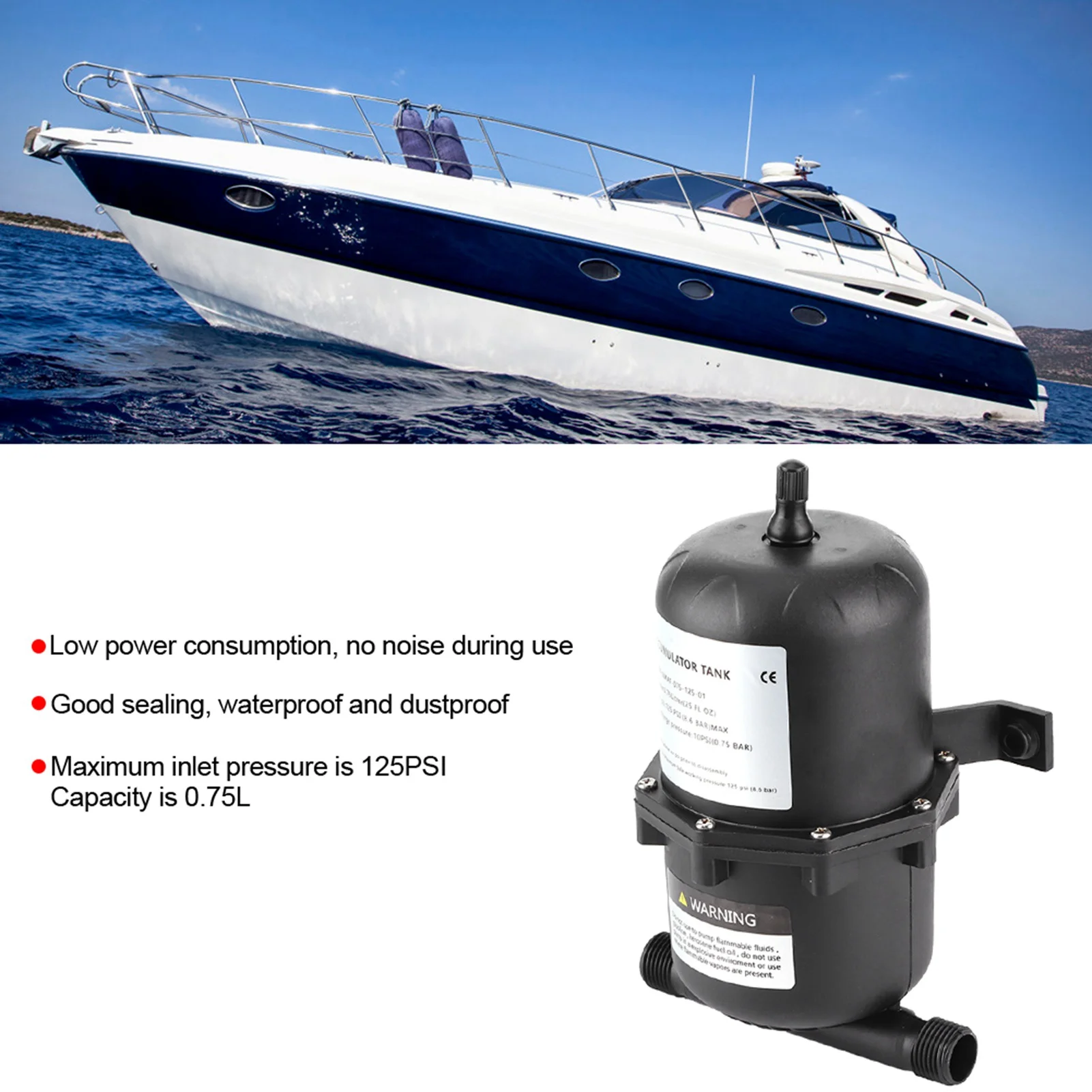 Marine Water Accumulator Tank Water System Accessory Accumulator Pressure Tank Water Pump Flow Control 0.75 L 125PSI Waterproof For Marine RV Boat