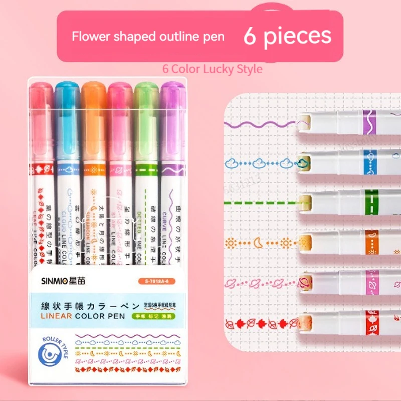 라인 모양 하이라이터 롤러 팁 커브 라이너 마커 펜, 그래피티 펜, 카와이 한국 문구, 학교 사무용품, 6 개