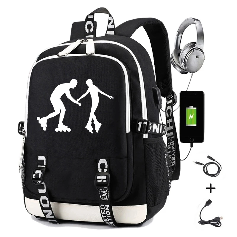 

Double Roller Skating Backpack for College Students School Bags Women Rucksack Print Men Travel Laptop Backpacks