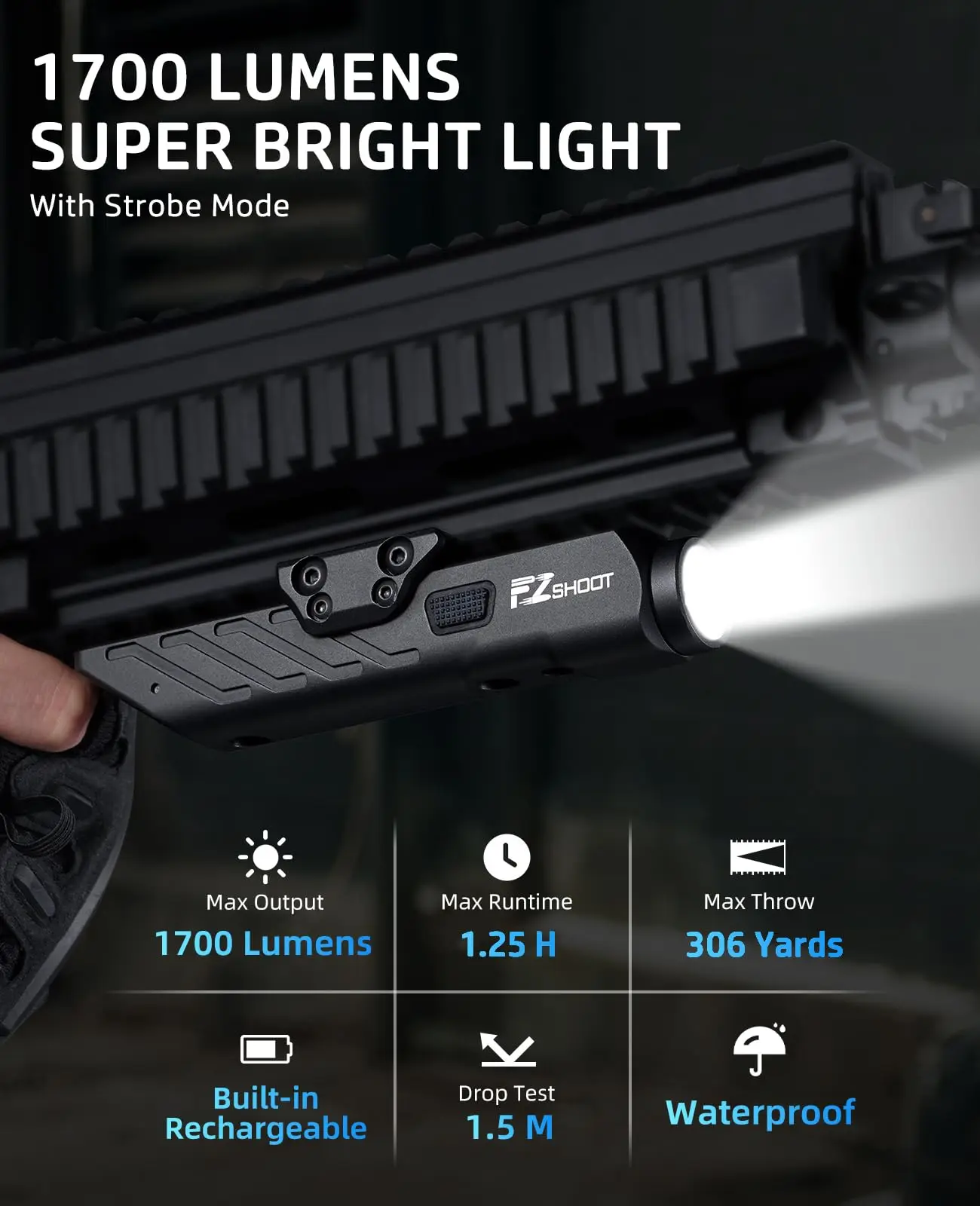 EZshoot 1700 Lumens Tactical Flashlight LED Light for Rifle Compatible with Picatinny and M-Rail Magnetic Rechargeable Strobe