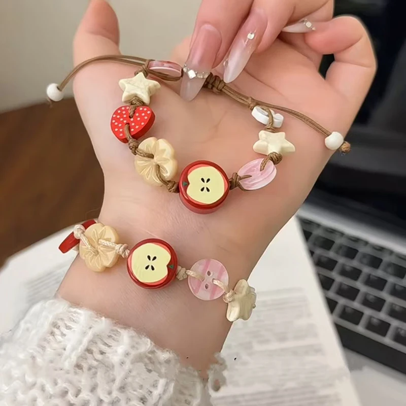 Handmade Ceramic Apple Bracelet - Adjustable Woven Cord with Cartoon Beads for Women