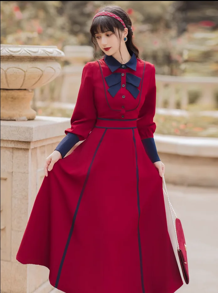 

Autumn retro British style red long sleeved elegant women's dress