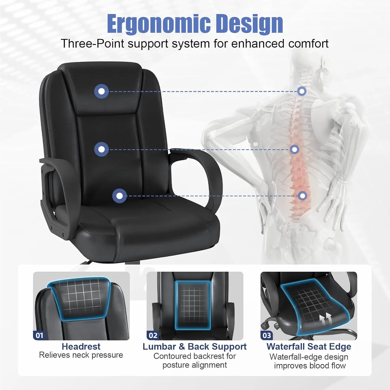 Executive Office Chair, Leather Desk Computer Chair with Armrests, Mid-Back Swivel Adjustable for Home Office, 6PC, Black