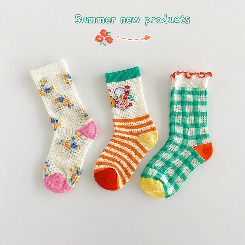

3 Pair Children Socks Spring Summer Mesh Holes Socks Kids Boys Girls Plaid Floral Lace Socks