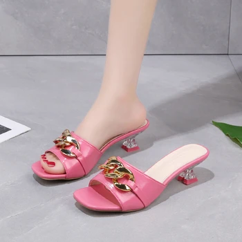 Women Slippers Mules Slides Shoes Female Clear Heels Sandals with Chain Low Heels Open Toe Outdoor Party Fashion Footwear Black 1