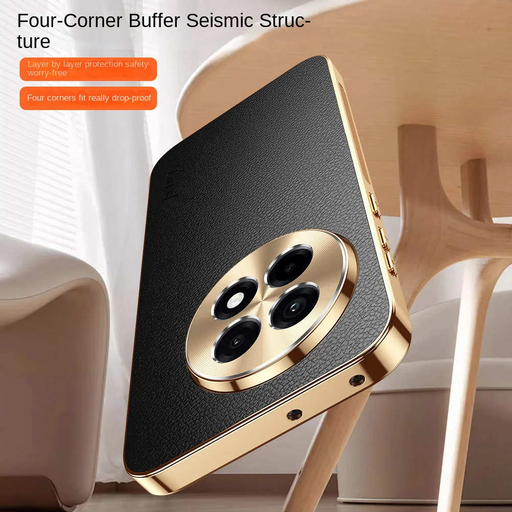 Premium Cowhide Lychee Texture Electroplated Frame Case with Lens Protection