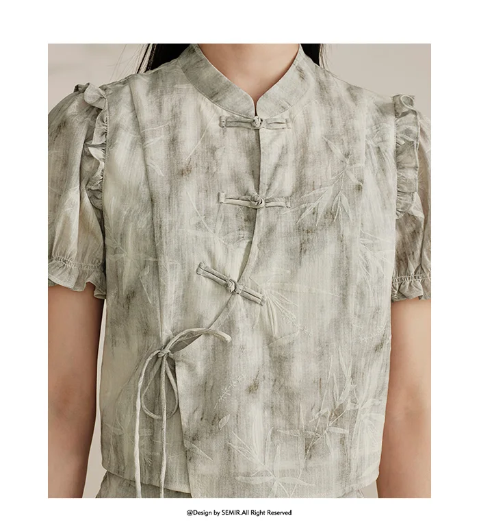 Traje de marca compartida para mujer, top corto ajustado, falda larga abierta, conjunto de ropa Guo Feng de verano de dos piezas