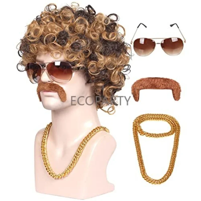 

2023 New Color Ground 4-Pieces Chain and Moustache and Short Curly Wig Sunglasses for 70'S Disco Party Brown with Blonde