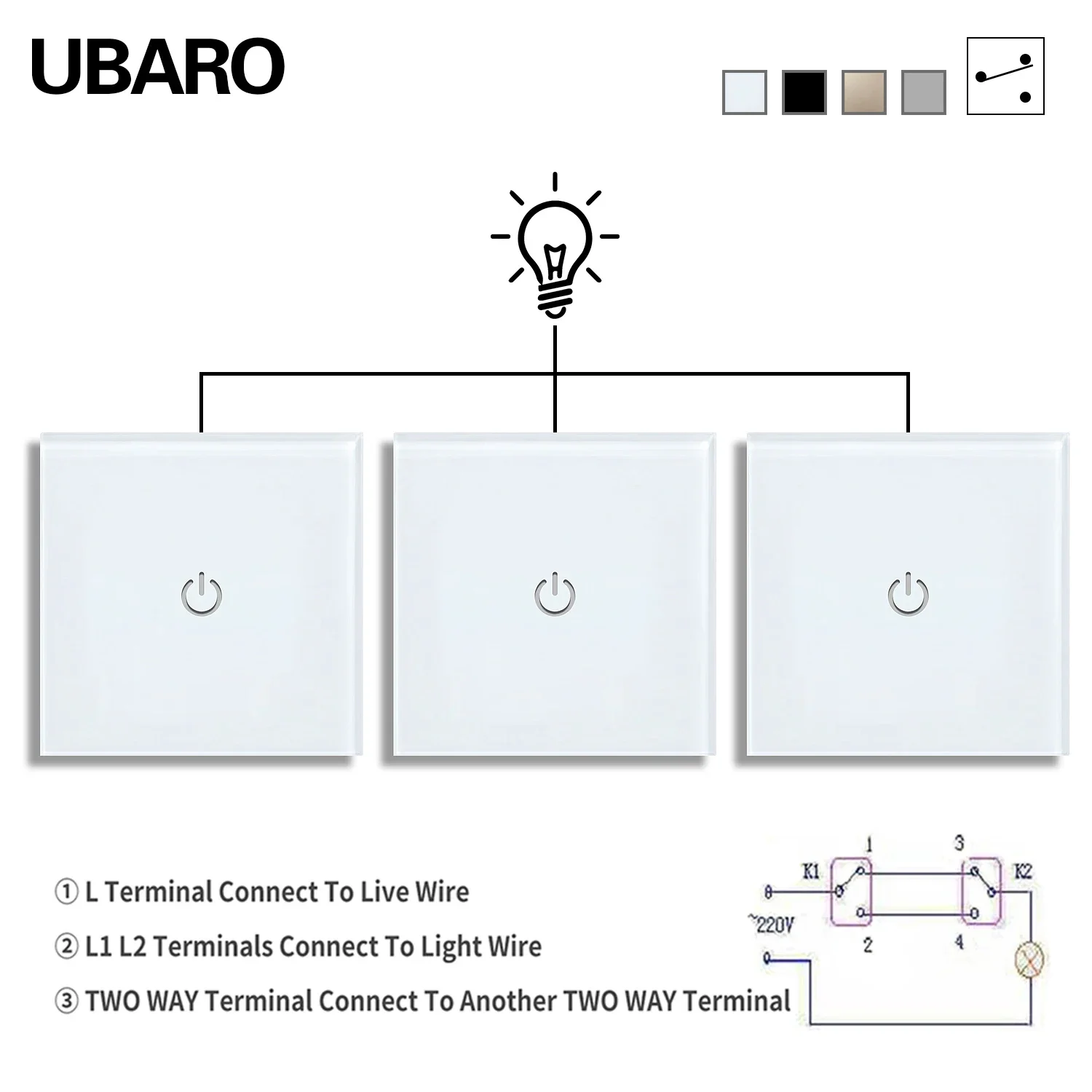 Interruptores Ubaro-touch Dual Painel de Vidro Temperado Interruptor do Sensor Escadas Quarto Substituir Interruptores ue Série 86 1gang 3way 220v 2000w