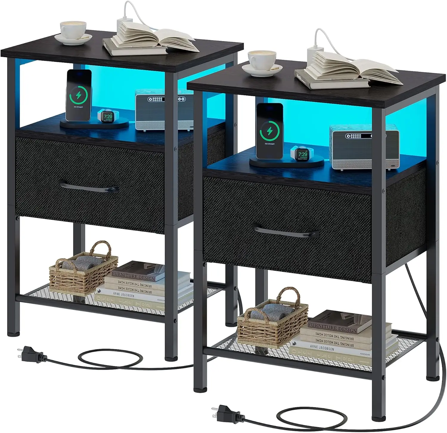 Stand Set 2, End Table with Charging Station, LED Bedside Table with Fabric Drawer for Bedroom, 3-Tier Side Ope