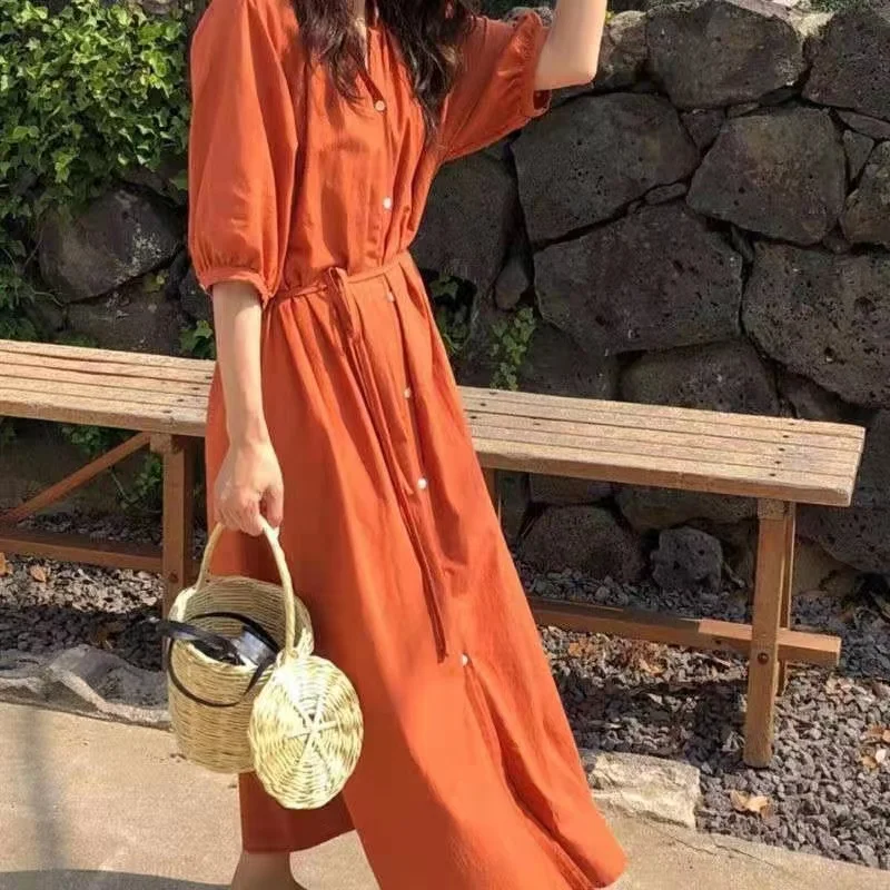 2022 Summer Elegant Women's Shirt Dress Short Sleeve Solid Color Female