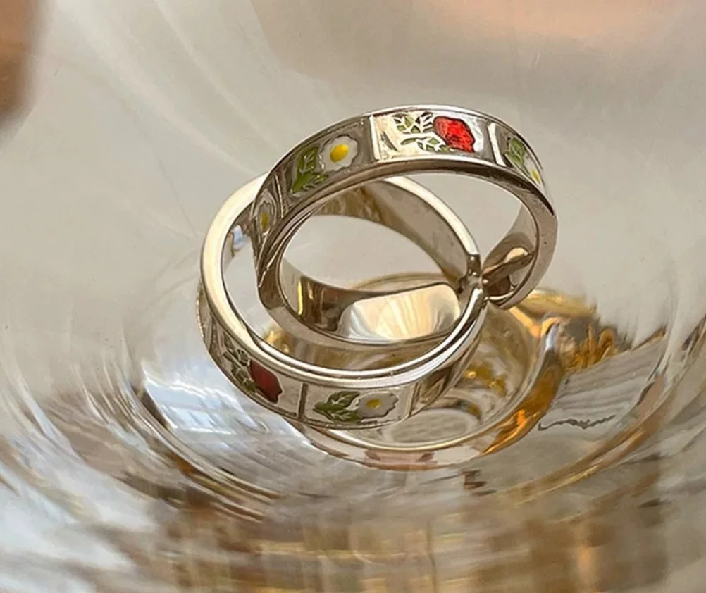 Vintage hand-painted flowers lovely drop glaze open alloy simple rings for women fashion jewelry