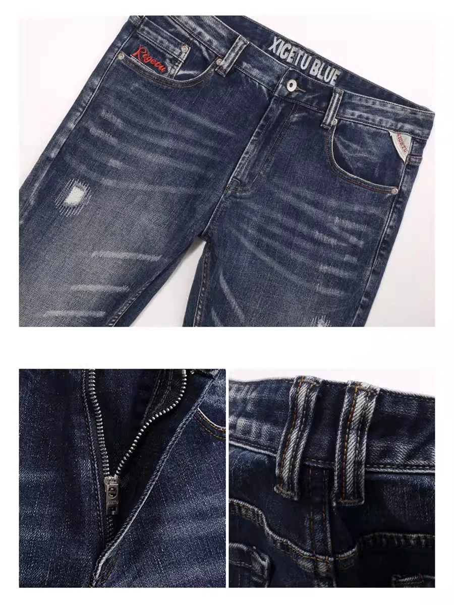 Newly Designer Fashion Men Jeans High Quality Retro Washed Blue Elastic Slim Fit Ripped Jeans Men Patched Vintage Denim Pants