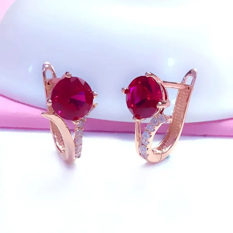 585 purple gold inlaid ruby earrings for women fashion high quality plated 14K rose gold lady ear buckle wedding jewelry