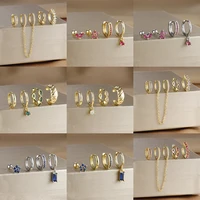 4pcs Fashion Colorful Zirconia Chain Earrings Set for Women Two Hole Round Circle Curvy Gold Color Hoop Earring Wedding Jewelry 1