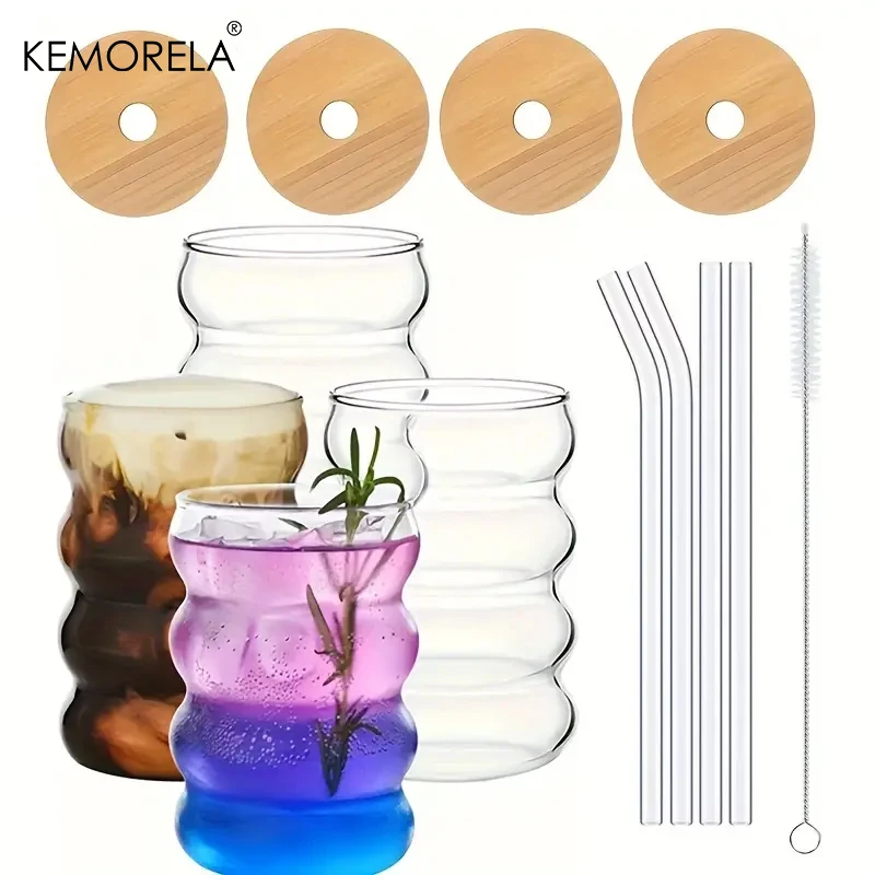 Creative Glass Cup Glass Cup with Lid Straw Heat-resistant Wave Cup Beer Juice Ice Coffee Cups Cocktail Fruit Bubble Glass Drinkware 4PCS