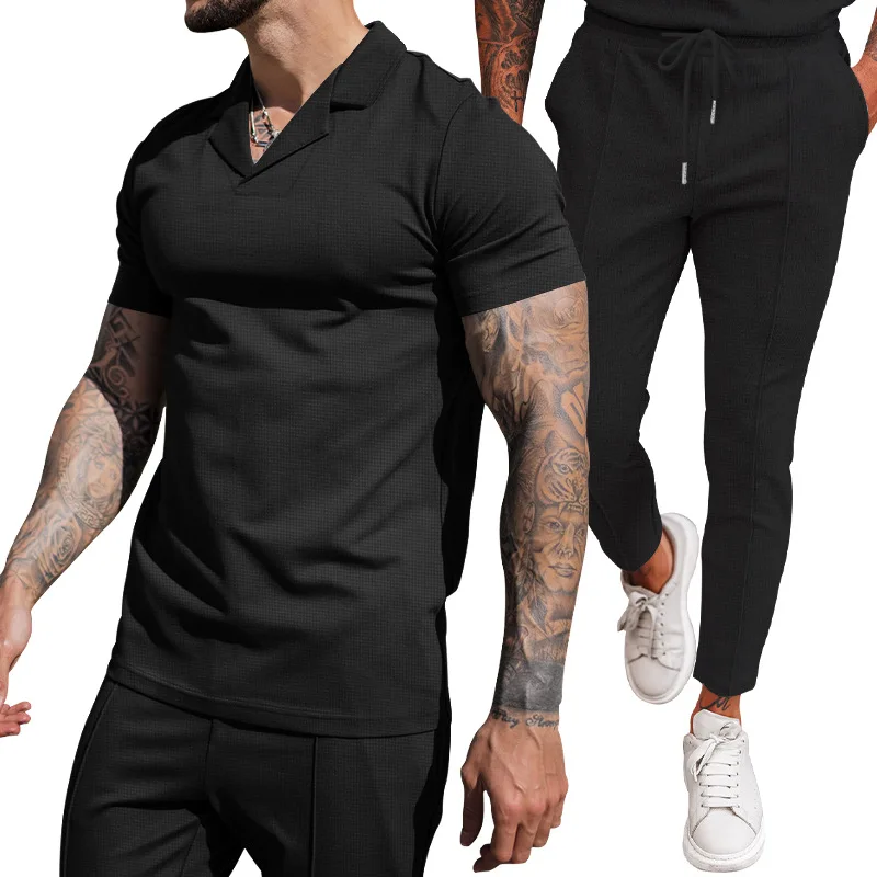 2024 Foreign Trade Summer New Waffle V-neck Casual Polo Collar Men's Short Sleeved Long Pants Set Men's Clothing 4